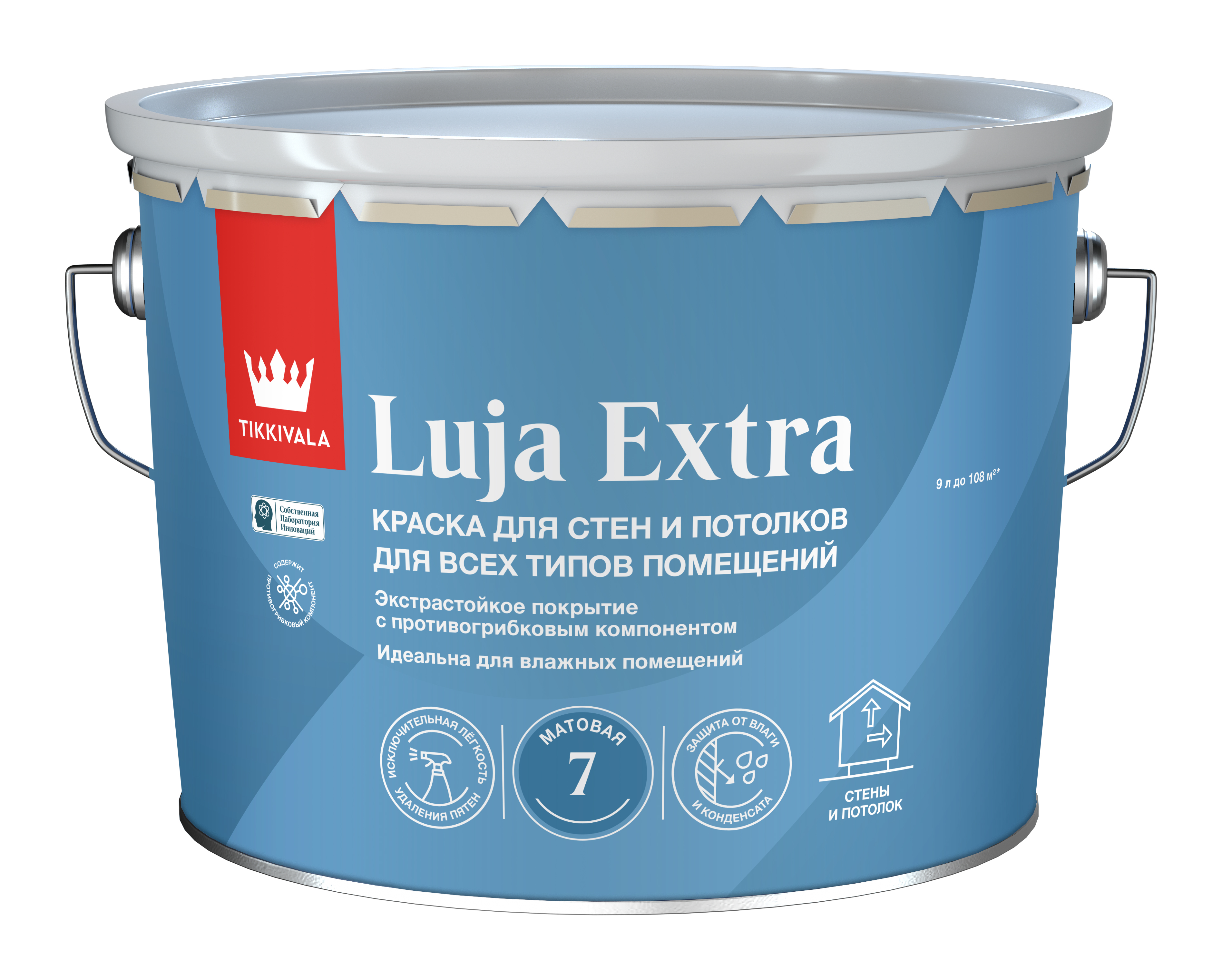 Tikkivala Моющаяся матовая краска LUJA EXTRA 7 Белый, 9 л — краска акриловая, водно-дисперсионная, матовая, колеруемая для стен и потолков