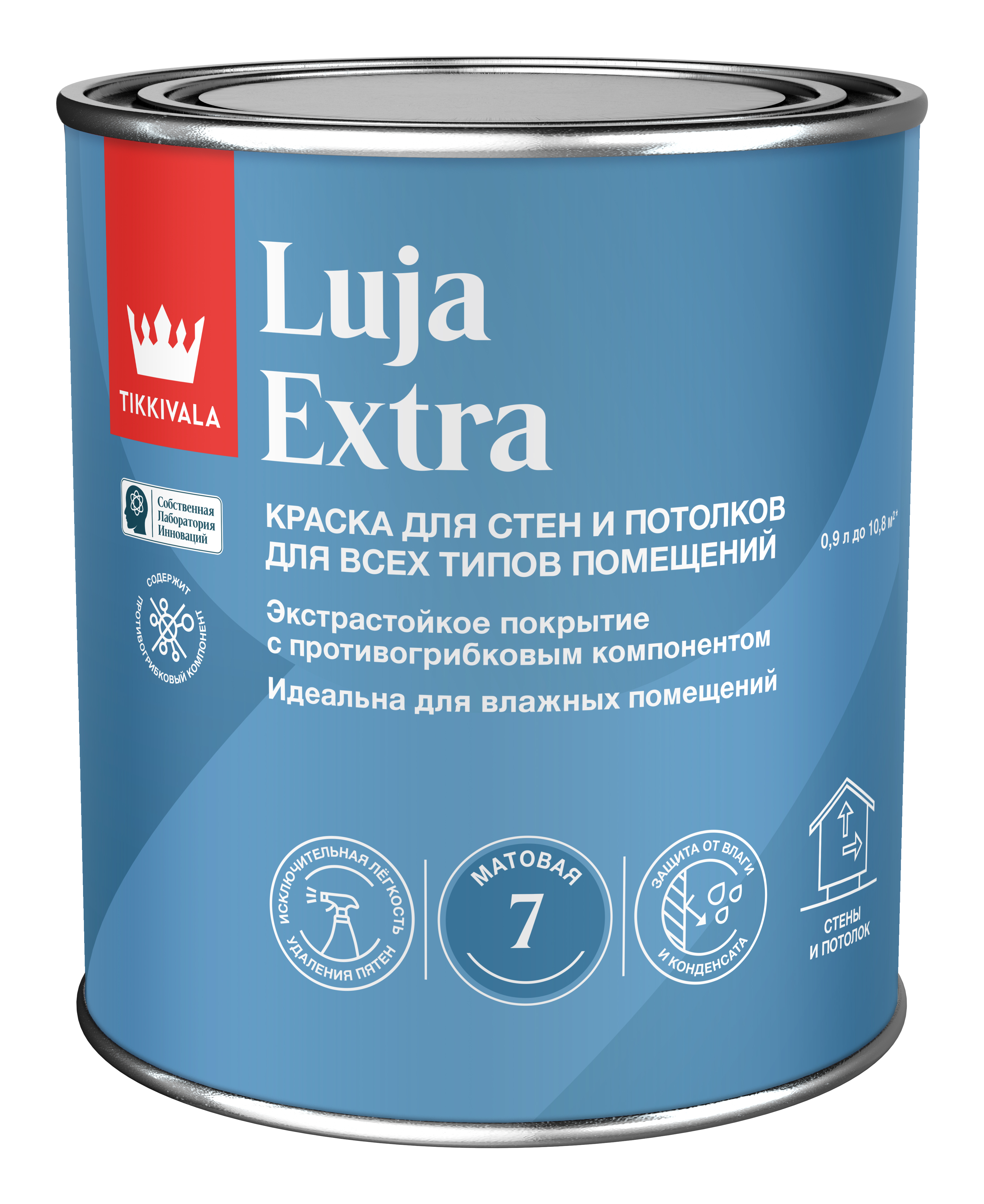 Моющаяся матовая краска LUJA EXTRA 7 — лакокрасочное покрытие Tikkivala, Основа С (под колеровку в насыщенные тона), 0,9 л, для внутренних работ