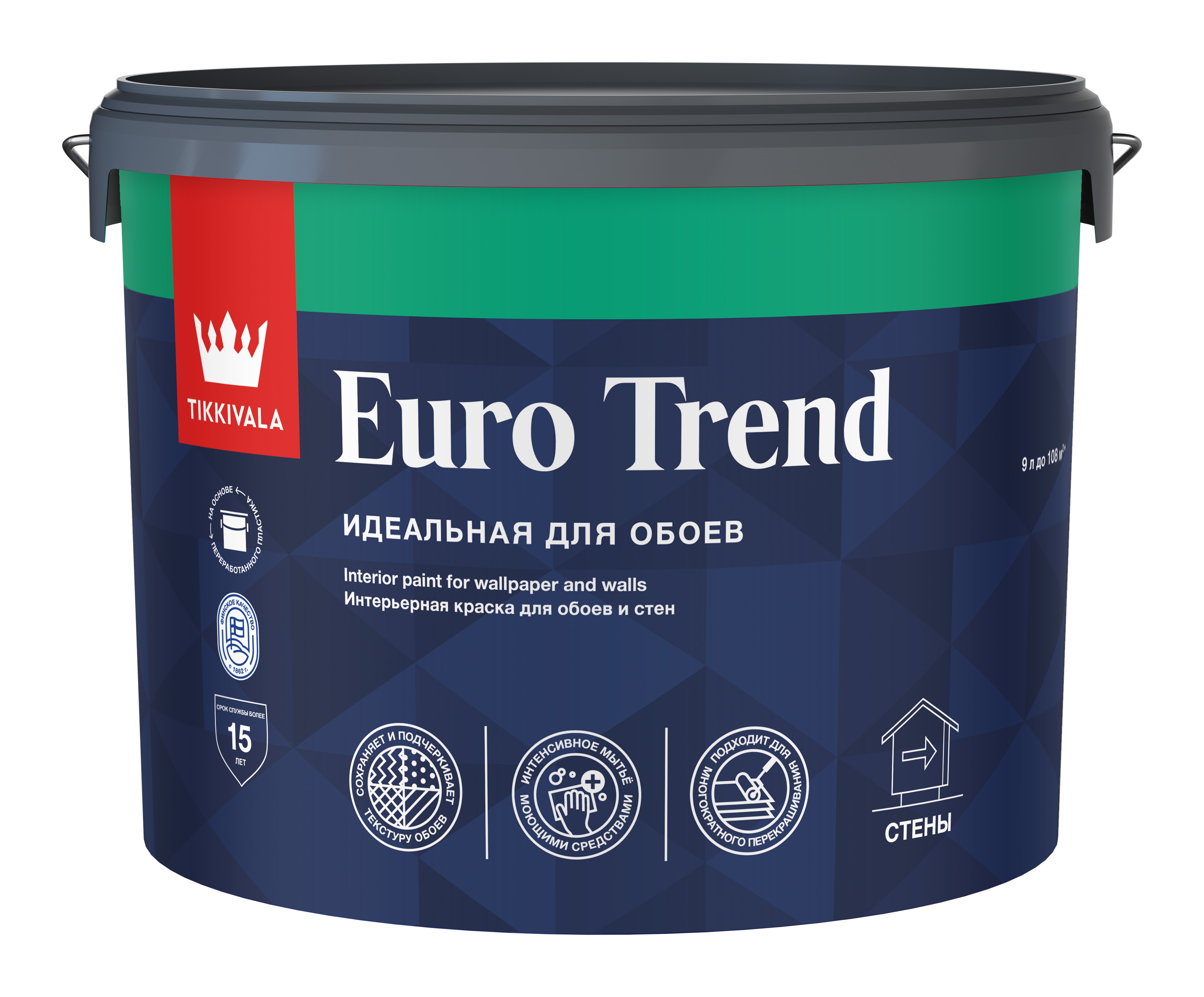 Tikkivala Интерьерная краска для обоев и стен EURO TREND 9л Основа С (под колеровку в насыщенные тона), по штукатурке, акриловая, водно-дисперсионная, матовая, колеруемая