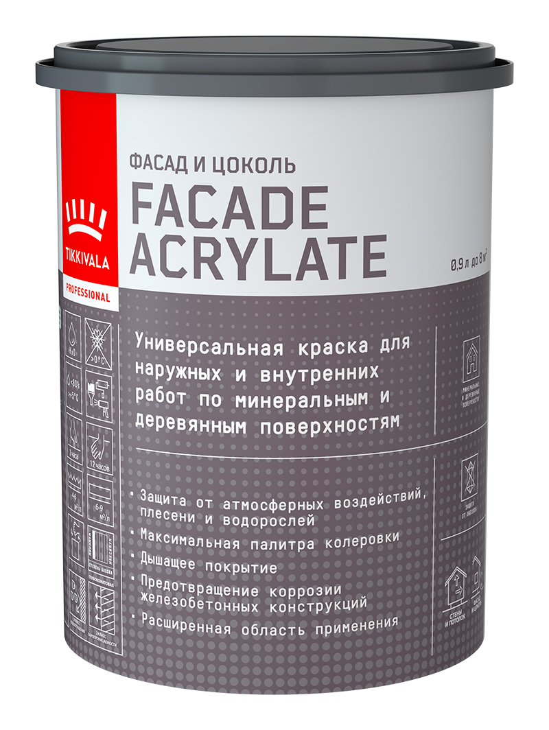 Фасадная краска Facade Acrylate (гл/мат) Основа C - для колеровки в насыщенные тона 0,9 л Tikkivala: для фасада и для наружных работ