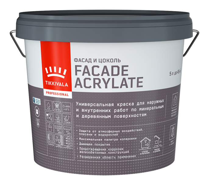 интерьерная краска Фасадная краска Facade Acrylate (гл/мат) Tikkivala Основа C - для колеровки в насыщенные тона 5 л, акриловая, водно-дисперсионная, матовая, колеруемая по штукатурке