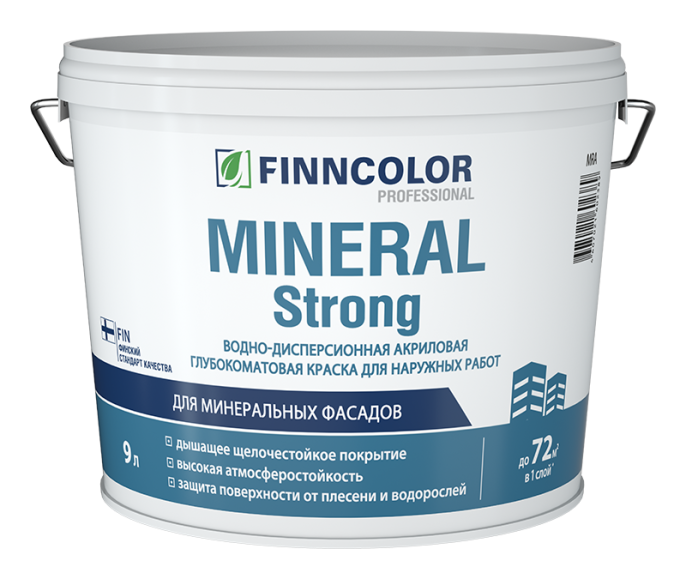 Фасадная воднодисперсионная краска Mineral strong Finncolor, цвет Белый, фасовка 9 л: для наружных работ, по штукатурке